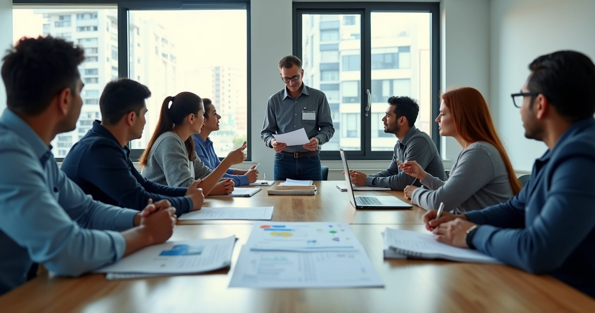 Reunião de trabalhadores discutindo segurança do trabalho com documentos e laptop 