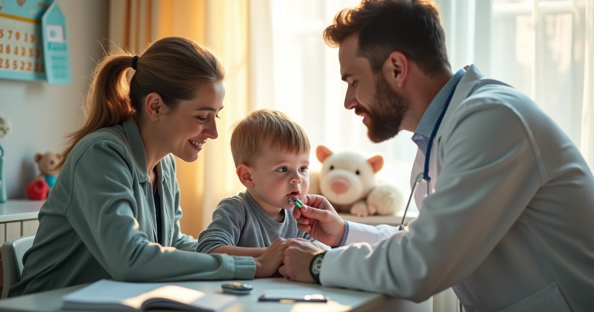 Pediatra usando orquidômetro em exame clínico com menino e mãe na consulta 