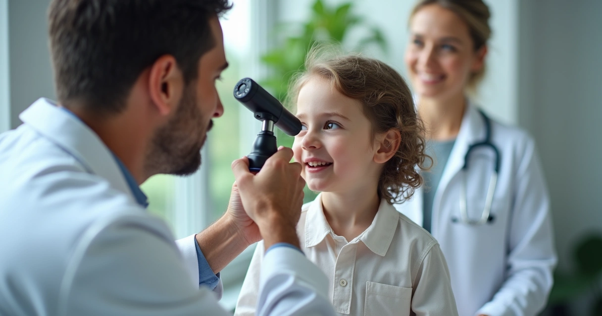 Pediatra examinando ouvido de criança com otoscópio 