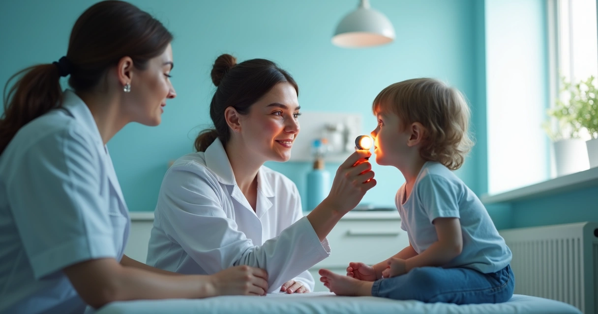 Pediatra examinando nariz de uma criança em clínica moderna 
