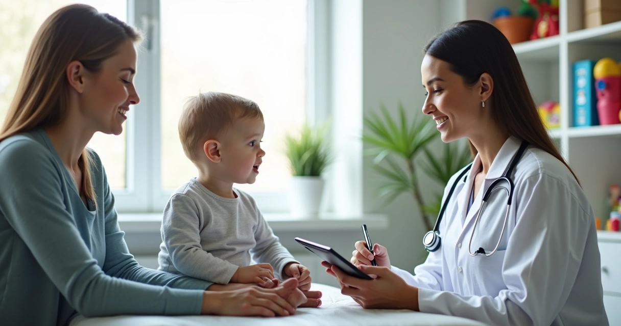 Criança e mãe em consulta com pediatra em clínica arejada, pediatra anota em prontuário digital 