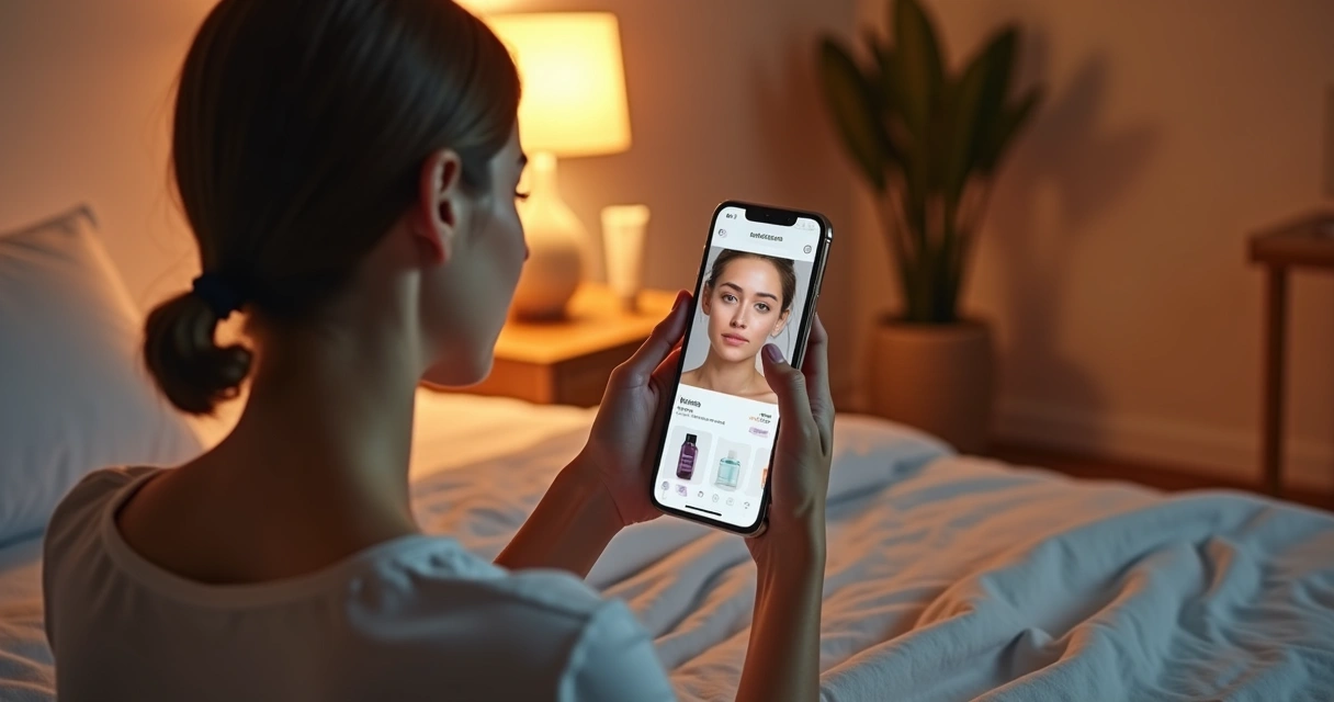 Mulher usando aplicativo para consultar cuidados com a pele 