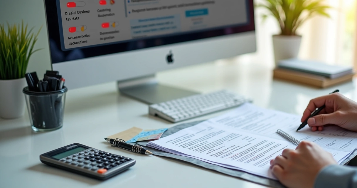 Tela de consulta fiscal com documentos e calculadora na mesa