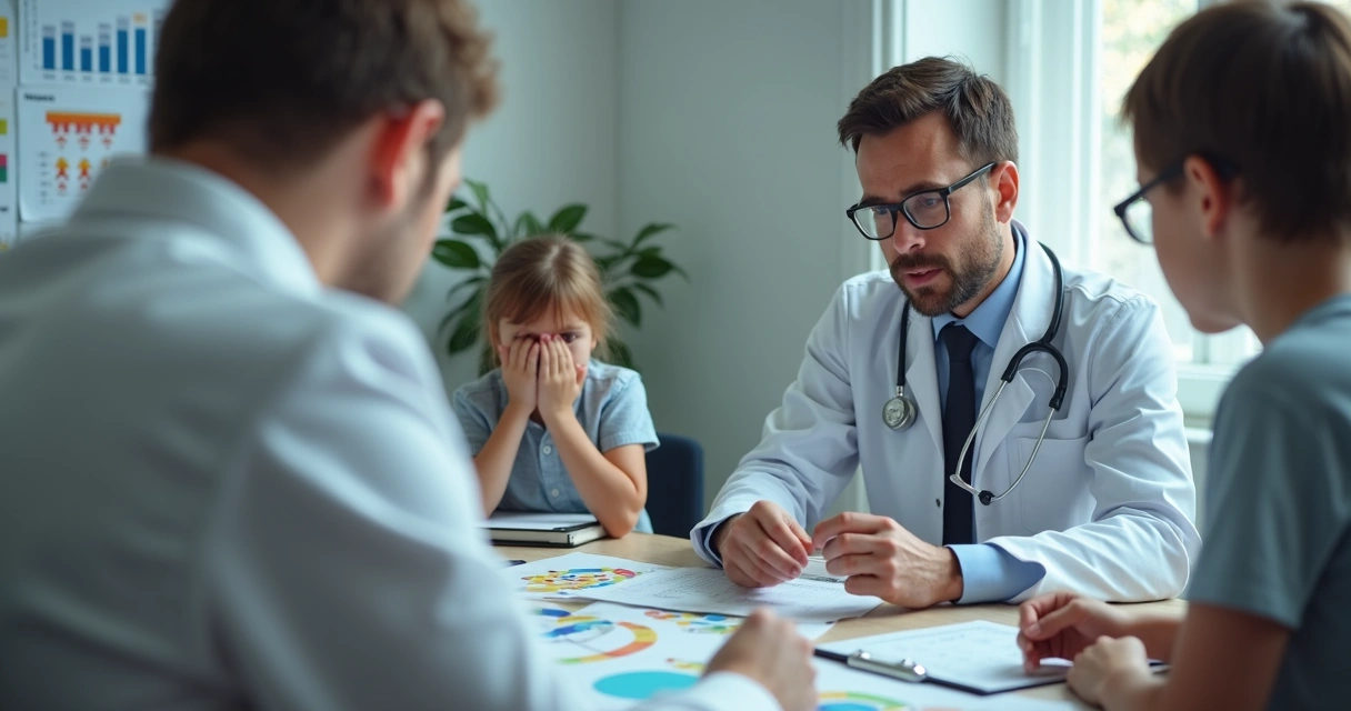 Consulta com perito analisando documentos de autismo.
