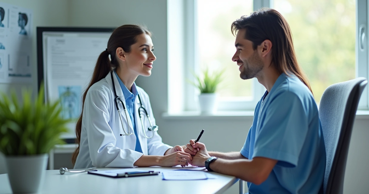 Pessoa em consulta médica, profissional digitando relatório no consultório, ambiente bem iluminado.