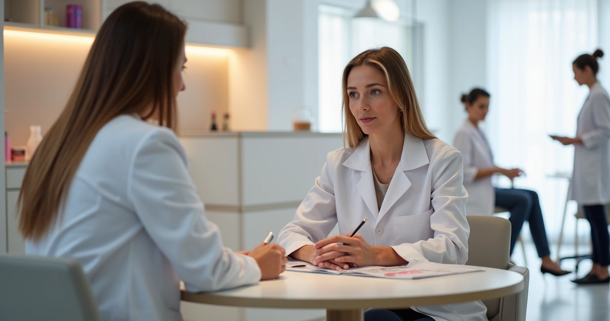 Especialista de estética em conversa consultiva com cliente em clínica, equipe ao fundo 