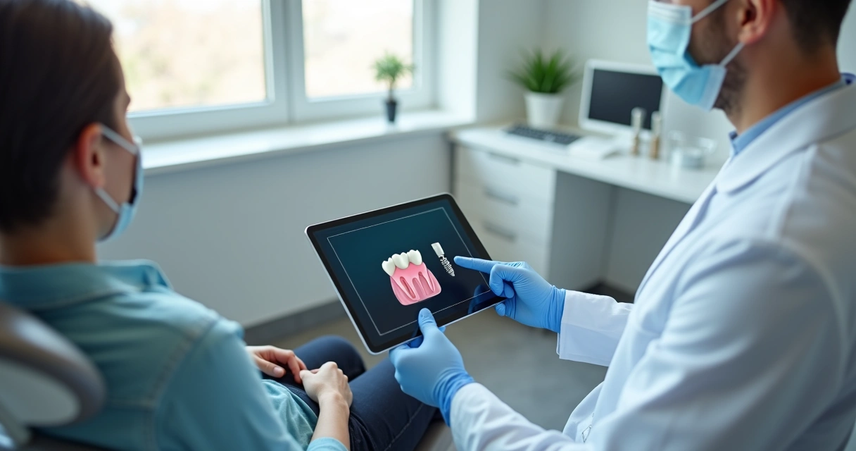 Dentista mostrando projeto digital de implante unitário para paciente em tablet 