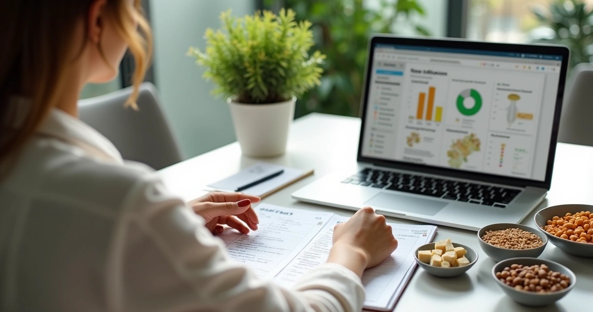 Nutricionista planejando refeição vegetal em consultório 