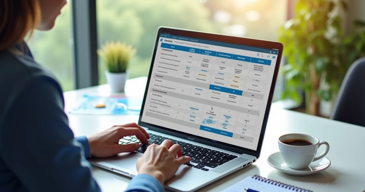 Pessoa consultando plano de saúde no computador com gráficos de cobertura e preços na tela 