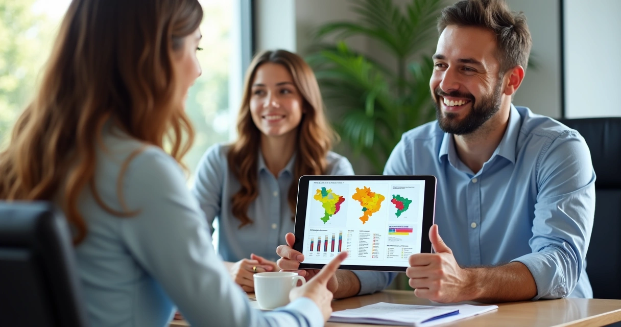 Especialista em saúde mostrando opções de planos de saúde em um tablet 