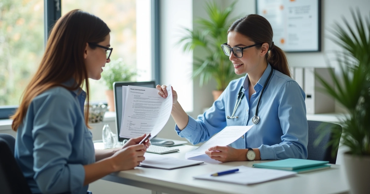 Pessoa em uma consulta médica segurando documentos de planos de saúde, escritório moderno ao fundo 