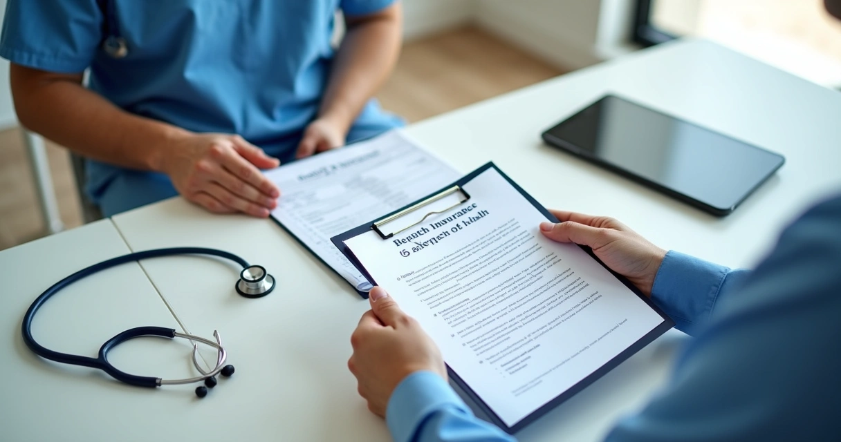 Pessoa analisando contrato de plano de saúde em consultório 