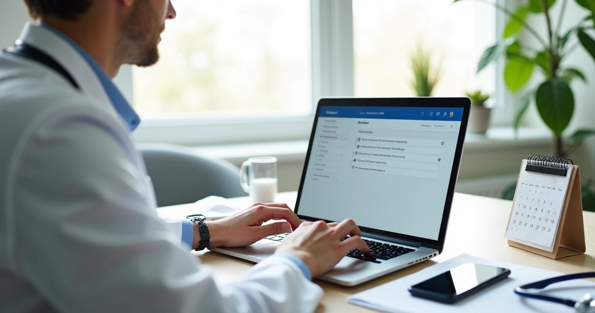 Médico usando notebook para gerenciar agenda online 
