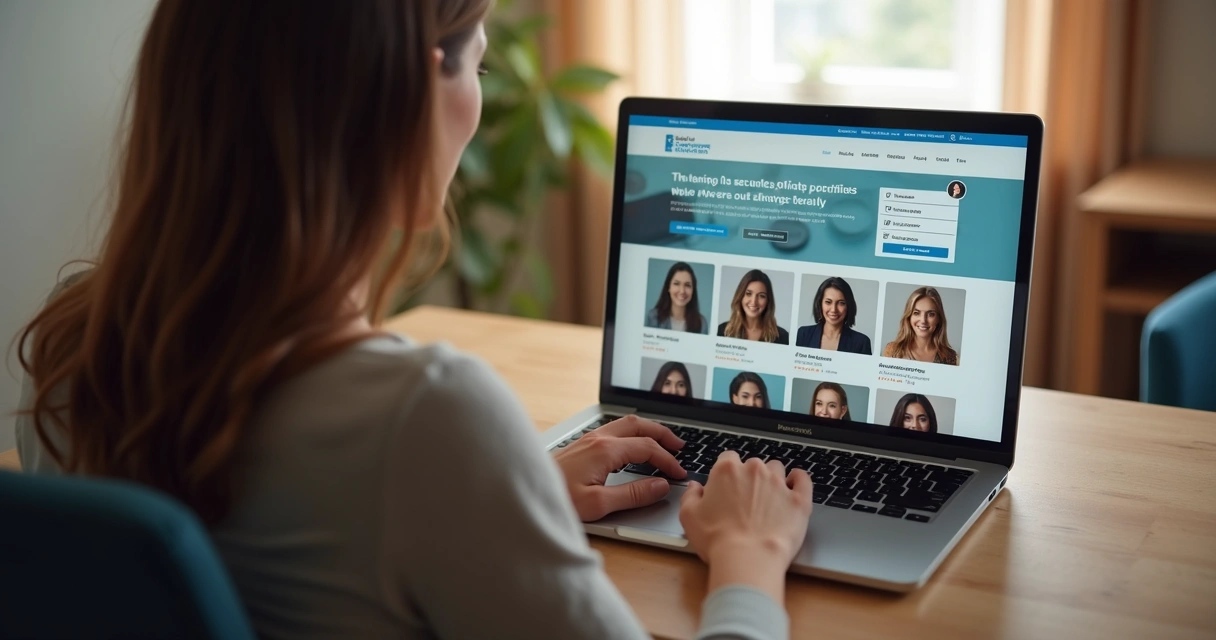 Mulher usando plataforma online no notebook buscando terapeuta verificado 