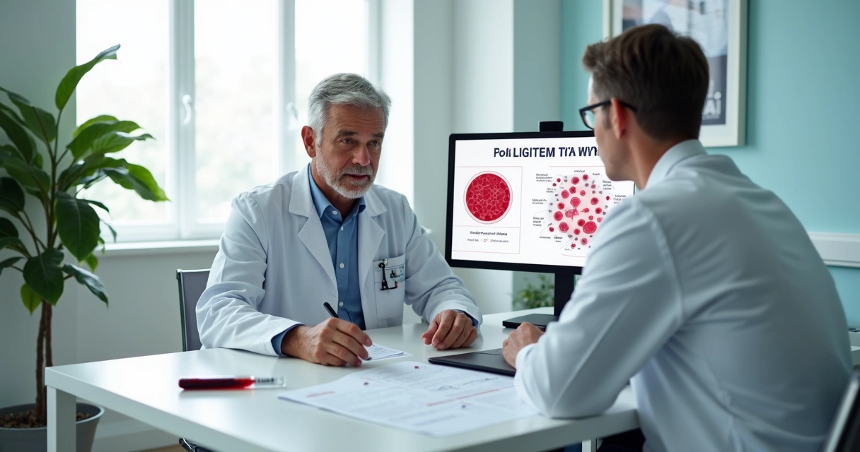 Hematologista explicando resultado de exame de sangue sobre policitemia vera para paciente em consultório moderno 