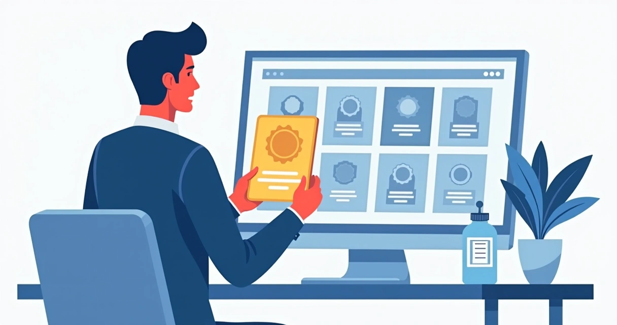 Pessoa segurando uma placa de homenagem e vendo portfólio com várias opções na tela do computador 