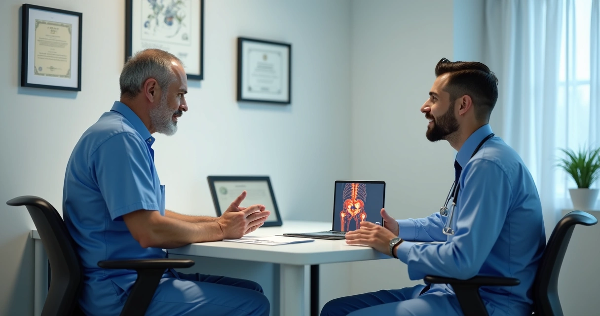 Consulta médica de revisão após cirurgia urológica em consultório 