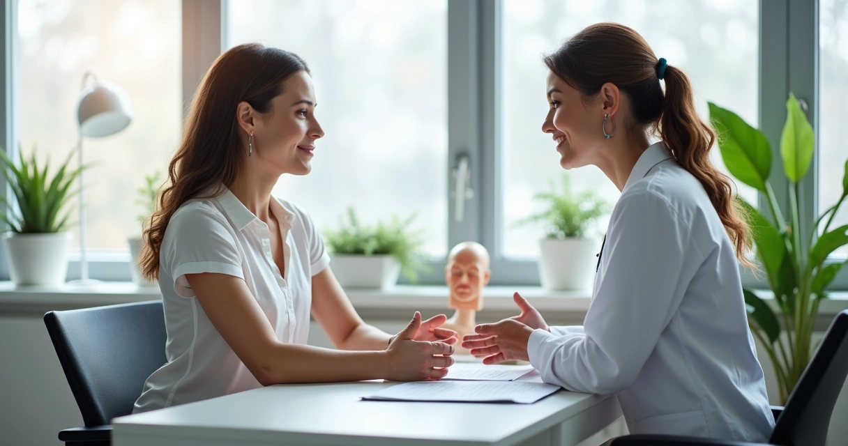 Médica conversando com paciente após explante de prótese mamária 
