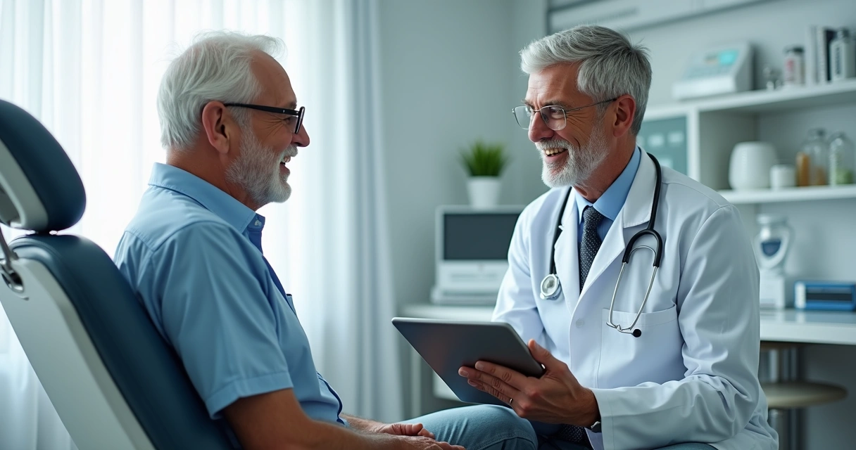 Homem em consulta pós-operatória com urologista, revisando recuperação da cirurgia de prótese peniana