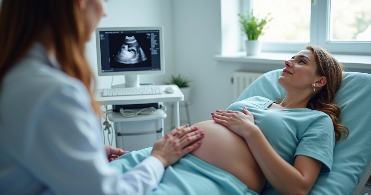 Ultrassom mostrando o bebê e gestante acompanhando 