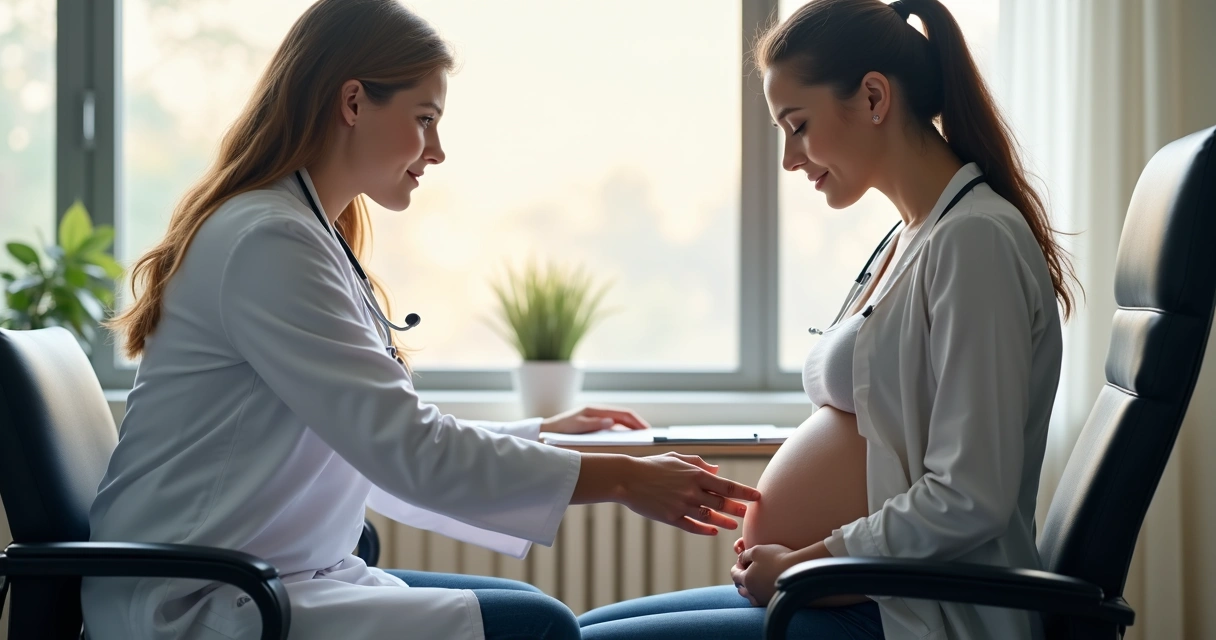 Médico realizando consulta pré-natal com gestante 