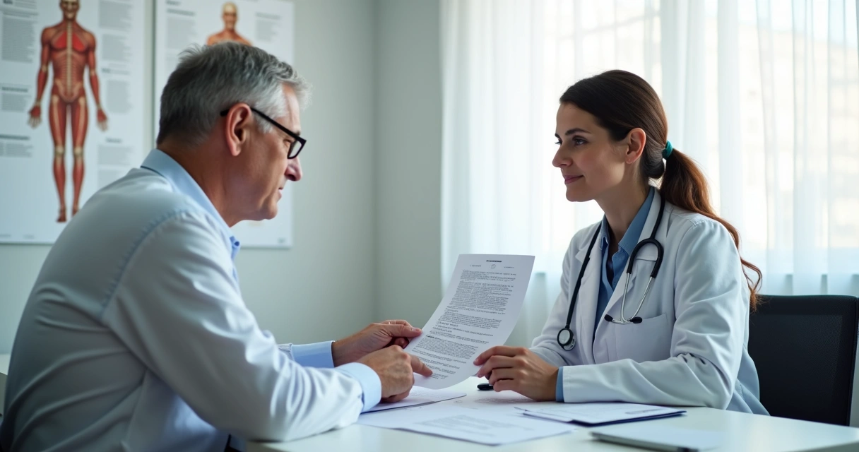 Paciente e médico em consulta pré-cirúrgica, analisando exames em mesa branca 