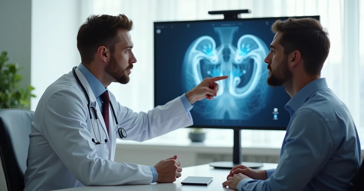 Especialista explicando resultado do preenchimento peniano para paciente em consulta detalhada 