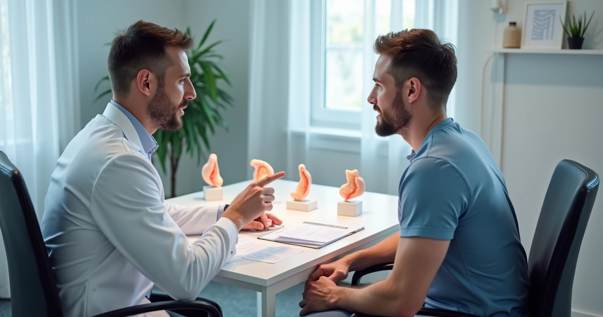 Médico mostrando modelos anatômicos do pênis para paciente em consultório com fundo claro. 