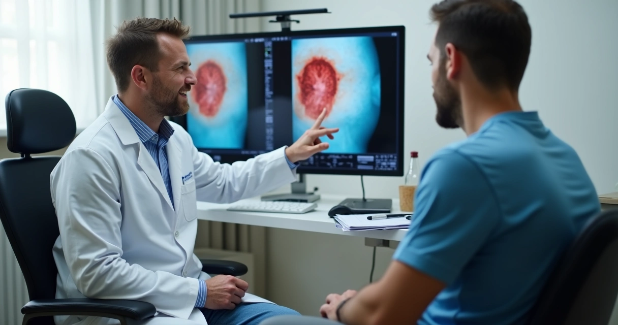 Consulta médica com paciente avaliando complicações após preenchimento peniano 