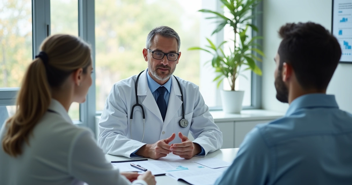 Casal conversando com médico sobre PrEP em consultório 