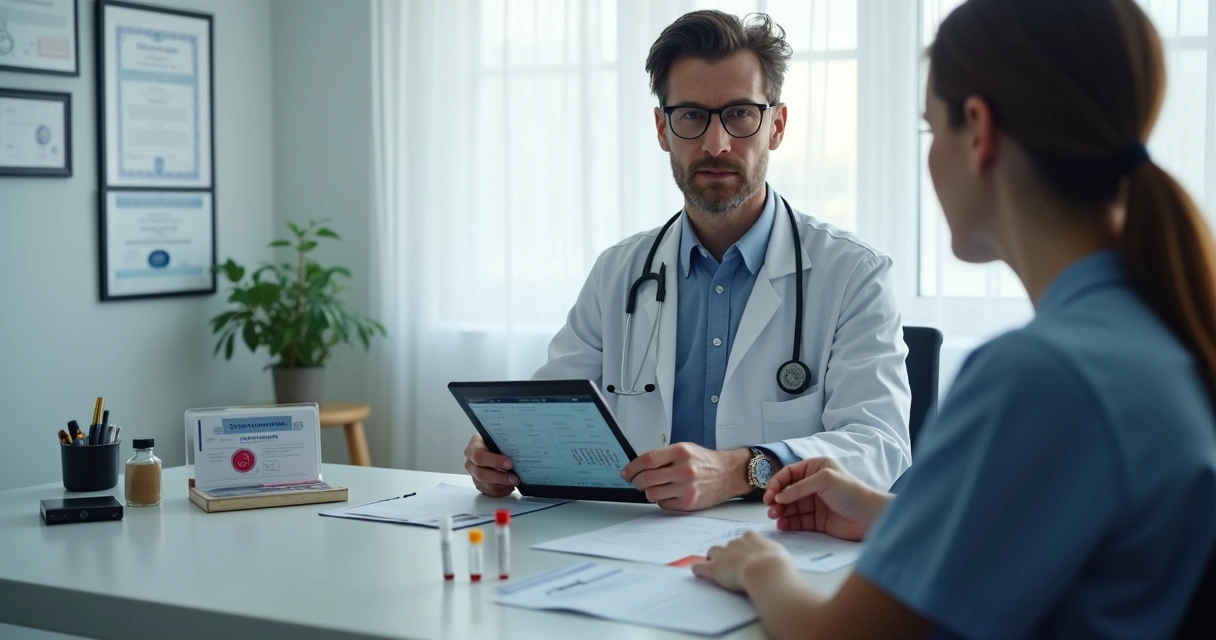Médico em consultório analisando exames de PrEP ao lado de paciente