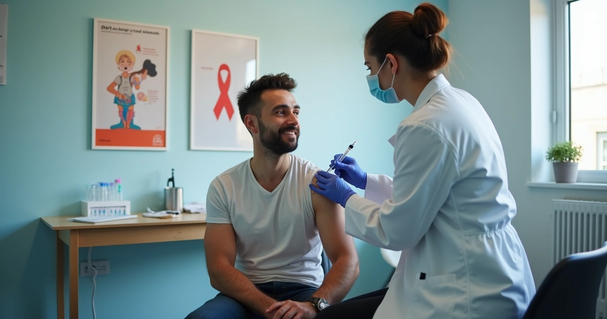 Médico aplicando injeção de PrEP em paciente sentado