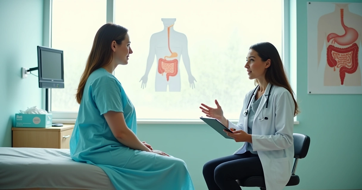 Paciente sentado conversando com médico em sala de exame clínico preparada para avaliação proctológica 