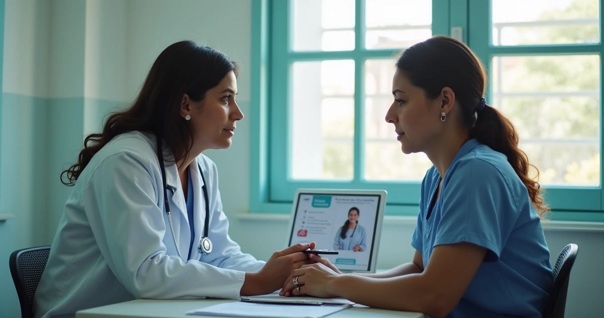 Profissional de saúde orientando paciente sobre prevenção ao HIV em consultório 