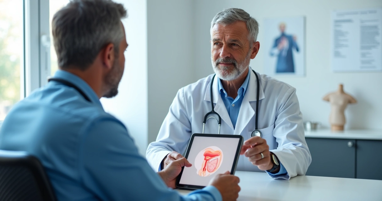 Médico explicando exame de próstata em consultório 