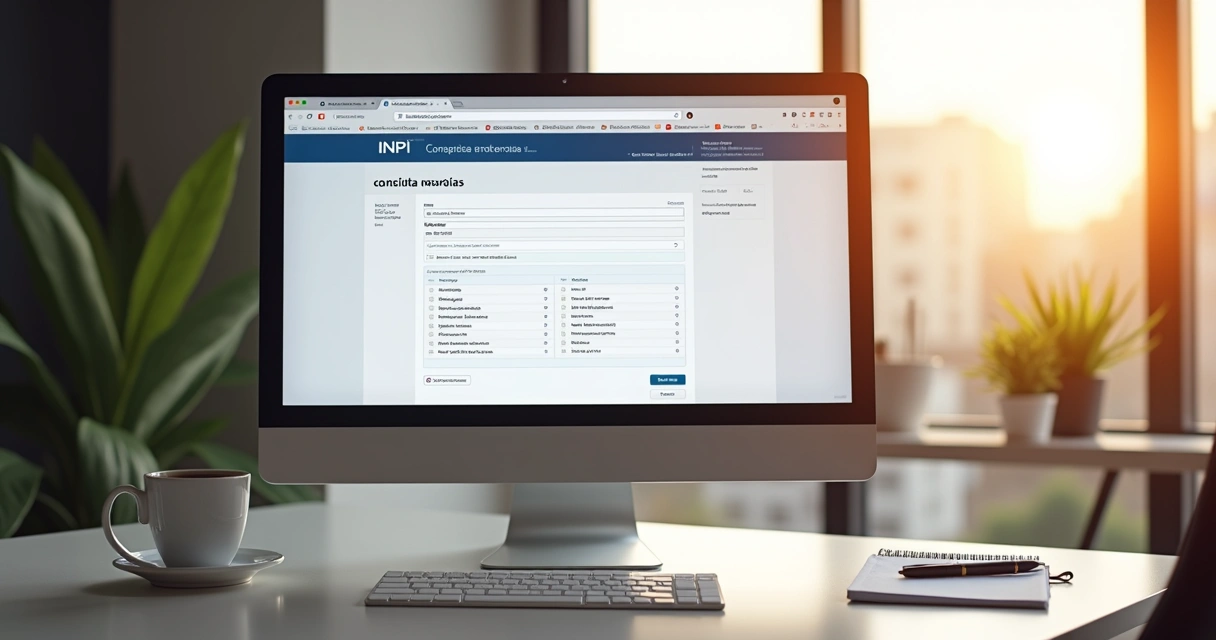 Tela de computador com site do INPI aberto mostrando consulta de processo de marca 
