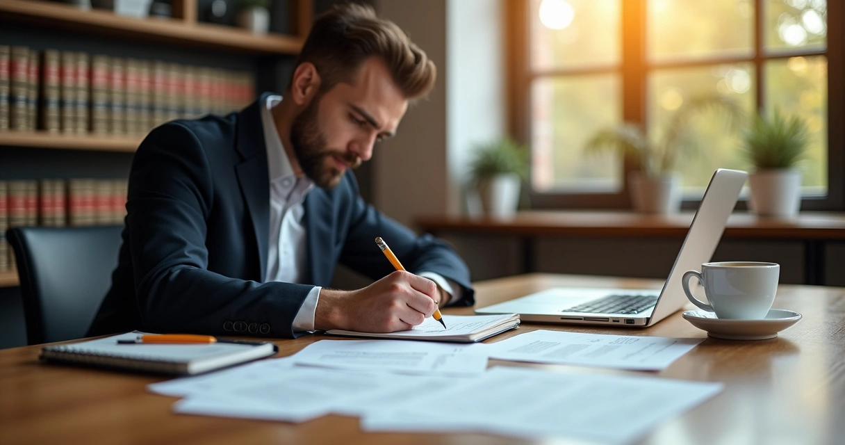 Advogado analisando documentos de processo penal em mesa de escritório 