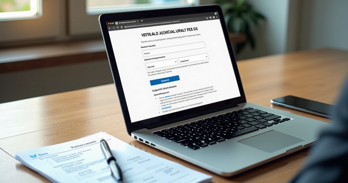 Tela de consulta processual e documento de veículo sobre mesa 