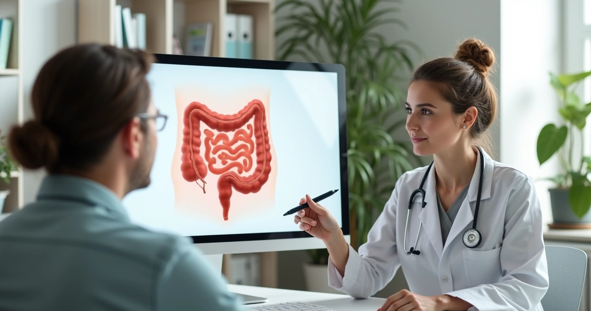 Médica coloproctologista explicando exame do reto para paciente em consultório moderno 