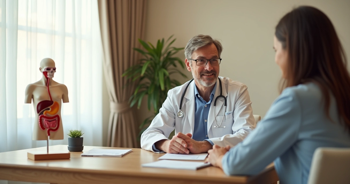 Consulta médica acolhedora com conversa sobre sintomas intestinais 