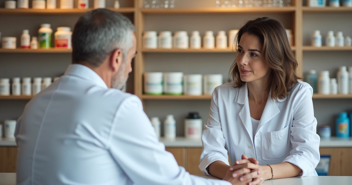 Pessoa conversando com farmacêutico sobre colágeno manipulado
