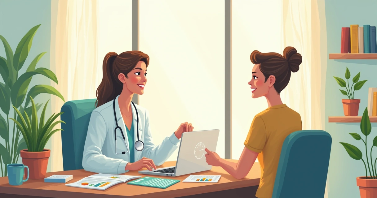 Consulta agradável em consultório de saúde com profissional e paciente discutindo nutrição e suplementação.