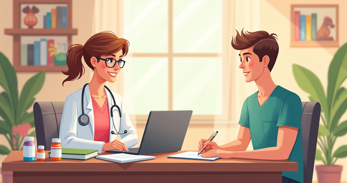 Consulta profissional em um consultório iluminado, com um nutricionista e paciente conversando sobre suplementação.