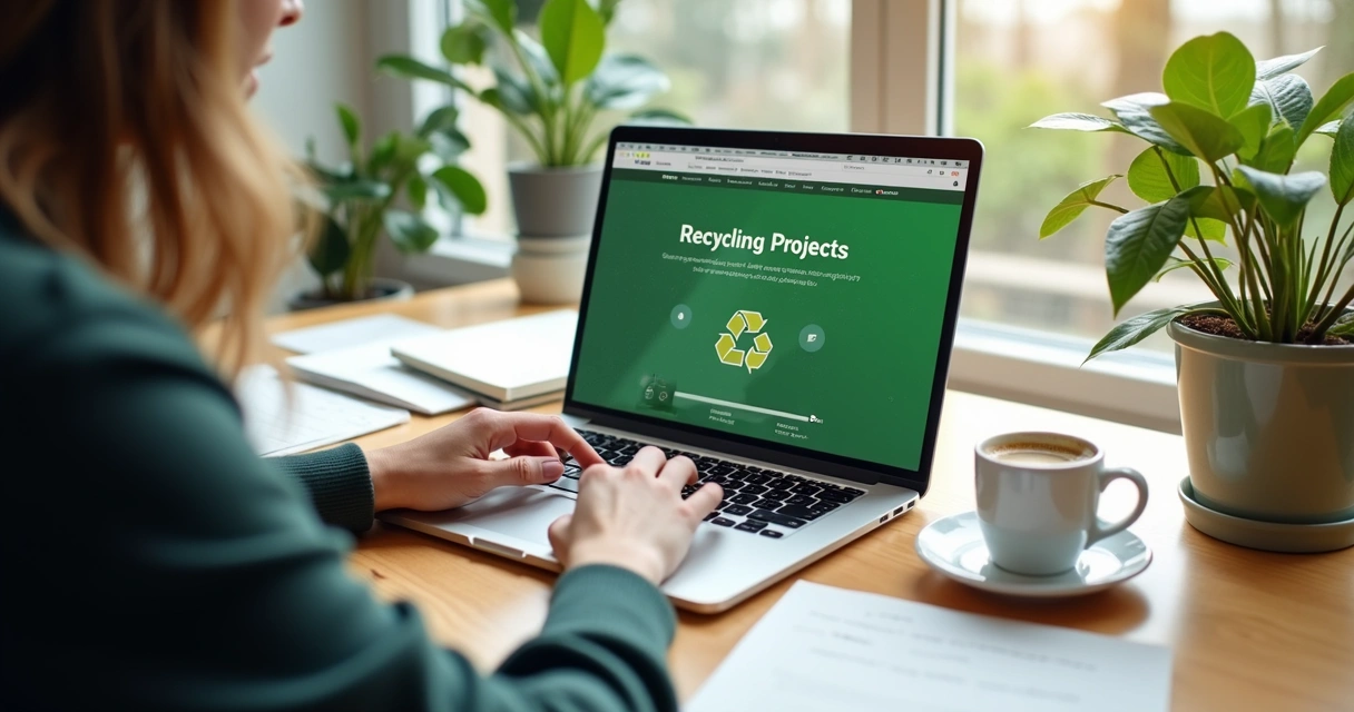 Pessoa usando notebook para pesquisar projetos de reciclagem 