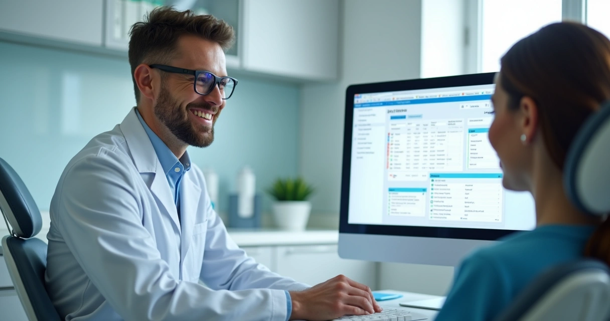 Dentista acessando prontuário eletrônico no computador 