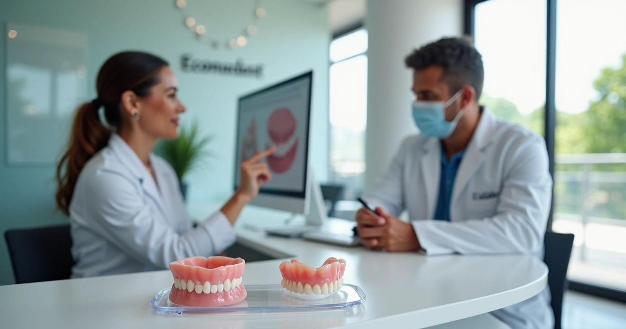 Dentista mostrando opção de prótese flexível parcial para paciente em clínica moderna 