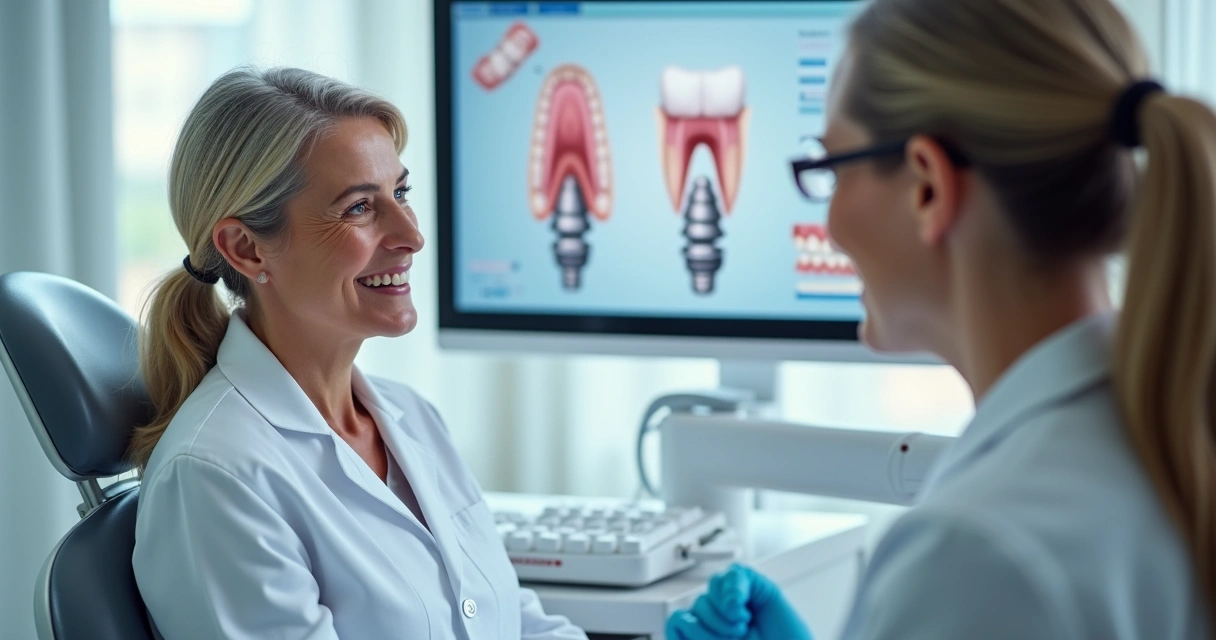 Odontologista mostrando opções de prótese sobre implante a paciente em consultório moderno 