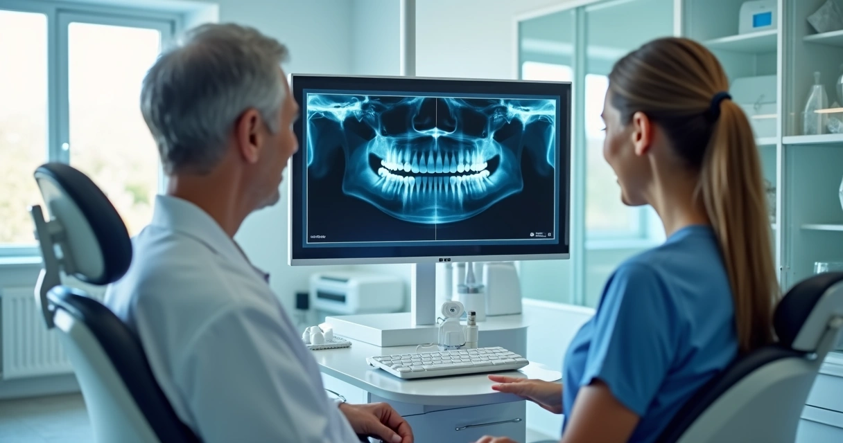 Odontologista mostrando radiografia de boca para paciente em consultório moderno