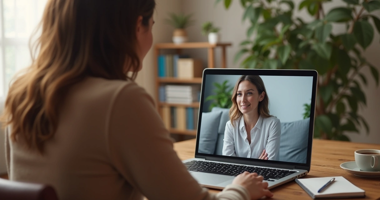 Mulher conversando com psicanalista durante consulta online por videoconferência em ambiente acolhedor