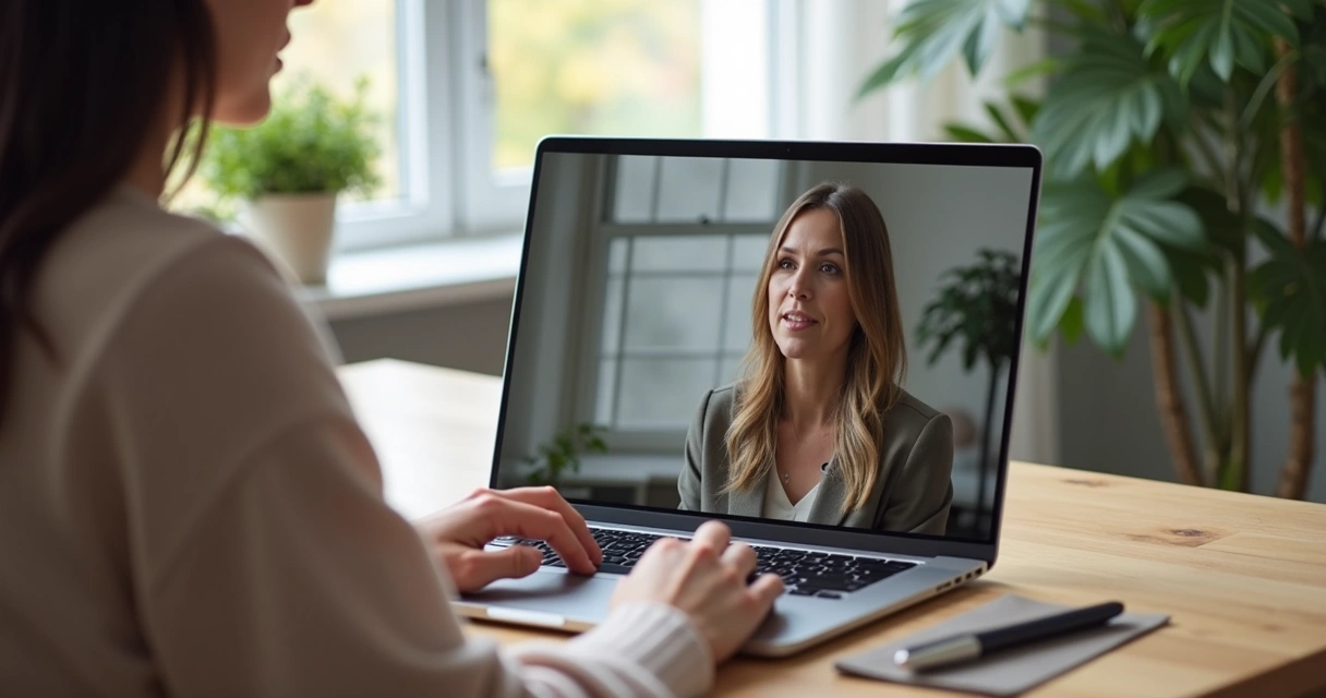 Pessoa em casa participando de videoconferência com psicanalista 